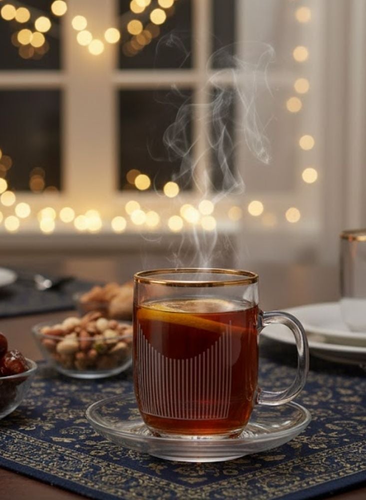 Premium Glass Tea Cup with Saucer Set – 6 Pcs Cups + 6 Pcs Saucers Gold Rim Transparent Tea Serving Set - Image 2